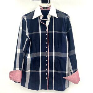 Fior Da Liso Cecile II Navy Plaid Button Down Equestrian Shirt Women's 14